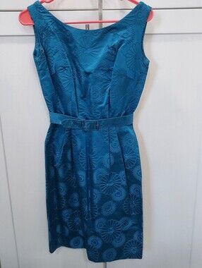Vintage Dynasty Teal Floral Jacquard Belted Sheath Dress